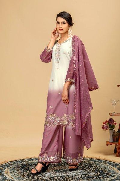 Heavy Embroidery Beads Work Georgette Kurti Palazzo Dupatta Set Ready To Wear Collection
