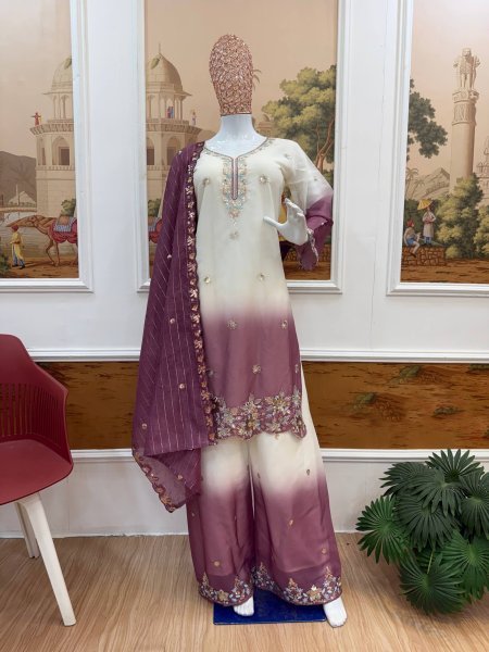 Heavy Embroidery Beads Work Georgette Kurti Palazzo Dupatta Set Ready To Wear Collection