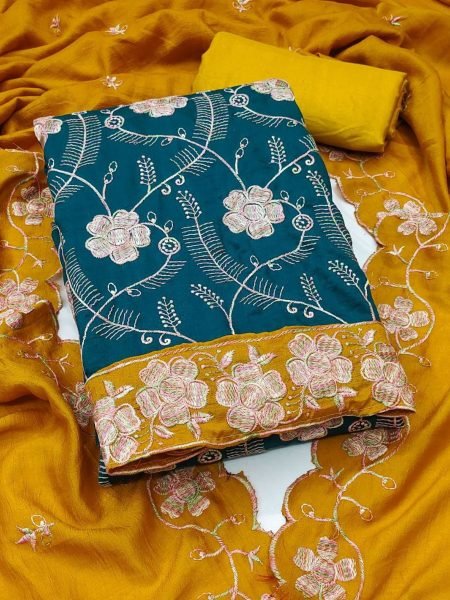 Heavy Embroidery Vichitra Suit Material Set Festive Indian Wear for Women Dress Material 