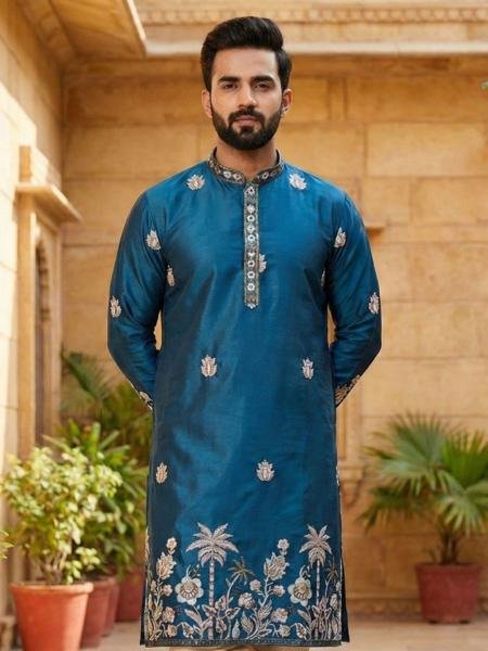 Heavy Embroidery Work Malai Silk Kurta Set at Wholesale Rates Mens Wear