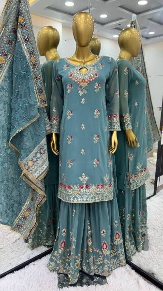  Heavy Faux Georgette Embroidered Sharara Set By royal export Ready To Wear Collection
