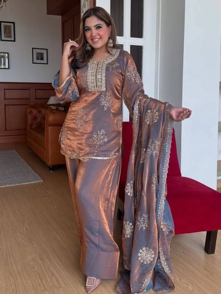 Two Tone Brown Fendy Silk Embroidered Suit with Pant and Dupatta Festive Celebration Wear  Ready To Wear Suit