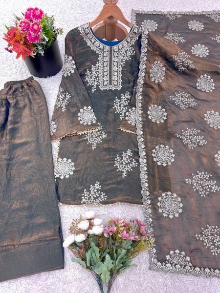 Two Tone Brown Fendy Silk Embroidered Suit with Pant and Dupatta Festive Celebration Wear  Ready To Wear Collection