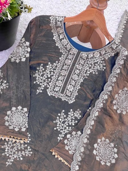Two Tone Brown Fendy Silk Embroidered Suit with Pant and Dupatta Festive Celebration Wear  Ready To Wear Collection