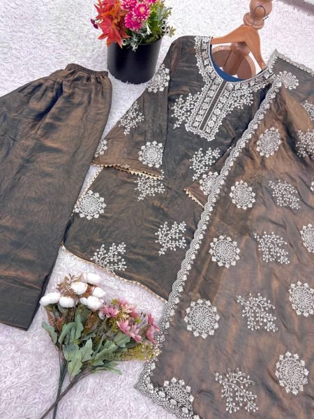Two Tone Brown Fendy Silk Embroidered Suit with Pant and Dupatta Festive Celebration Wear  Ready To Wear Collection