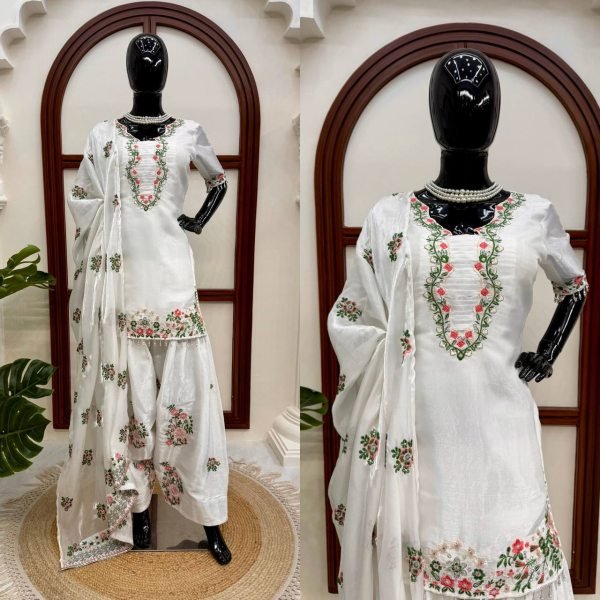 Heavy Fendy Silk Farshi Plazo Suit Set with Embroidered Dupatta Ready To Wear Collection