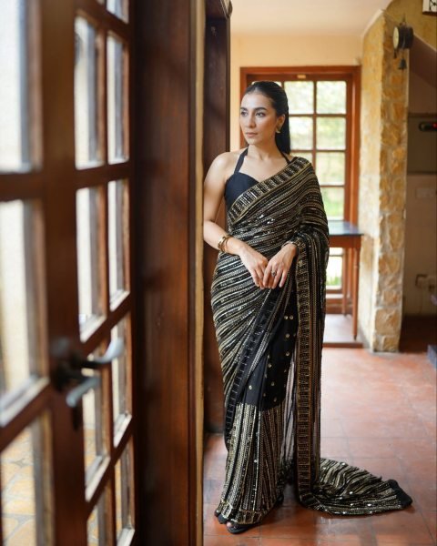Luxury Heavy Embroidered Georgette Saree for Party   Function Wear Sequin Work with Contrast Mono Silk Designer Blouse Georgette Sarees Wholesale