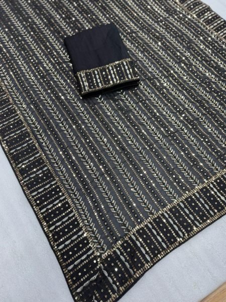Luxury Heavy Embroidered Georgette Saree for Party   Function Wear Sequin Work with Contrast Mono Silk Designer Blouse Georgette Sarees Wholesale