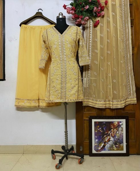 Heavy Georgette Kurti Pant Set With Embroidery Work Ready To Wear Collection