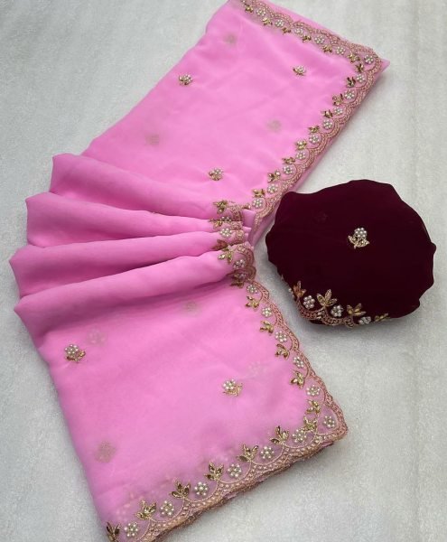 Heavy Georgette Silk Saree Blouse Piece With Beads Embroidered Work Georgette Sarees Wholesale