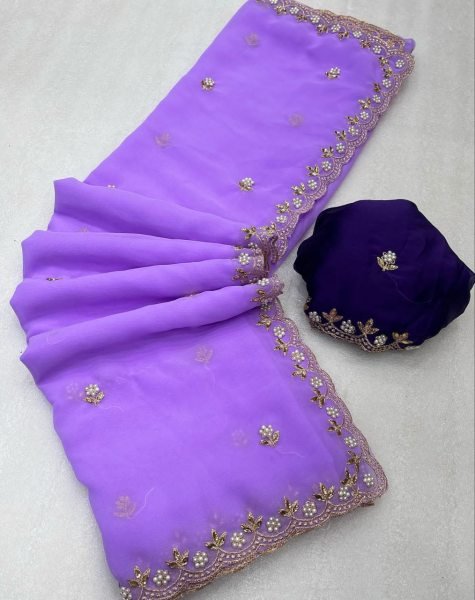 Heavy Georgette Silk Saree Blouse Piece With Beads Embroidered Work Georgette Sarees Wholesale
