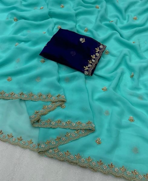 Heavy Georgette Silk Saree Blouse Piece With Beads Embroidered Work Georgette Sarees Wholesale