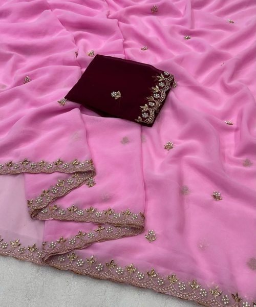 Heavy Georgette Silk Saree Blouse Piece With Beads Embroidered Work Georgette Sarees Wholesale