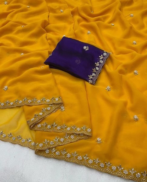 Heavy Georgette Silk Saree Blouse Piece With Beads Embroidered Work Georgette Sarees Wholesale