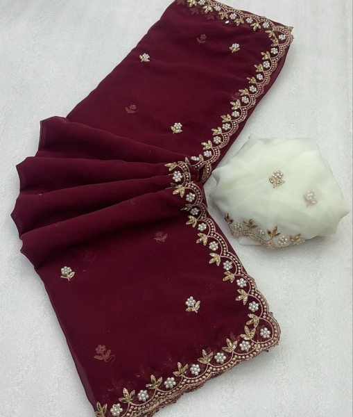 Heavy Georgette Silk Saree Blouse Piece With Beads Embroidered Work Georgette Sarees Wholesale