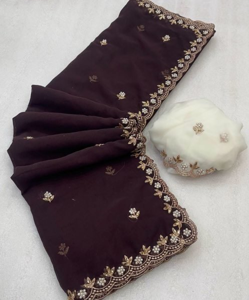 Heavy Georgette Silk Saree Blouse Piece With Beads Embroidered Work Georgette Sarees Wholesale