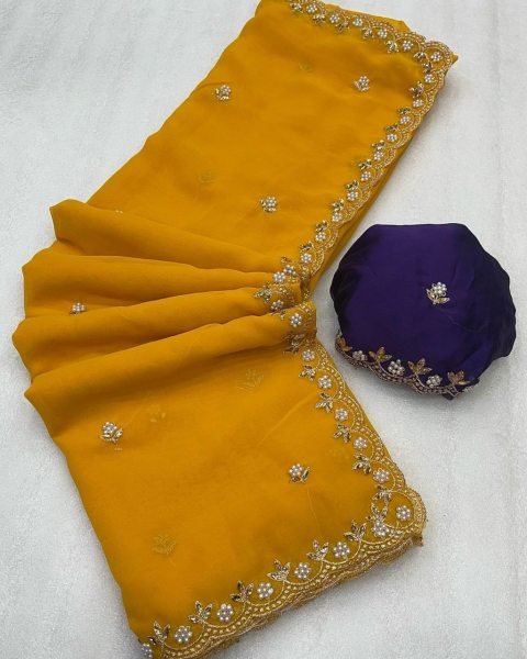 Heavy Georgette Silk Saree Blouse Piece With Beads Embroidered Work Georgette Sarees Wholesale