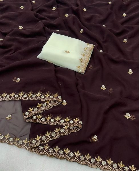 Heavy Georgette Silk Saree Blouse Piece With Beads Embroidered Work Georgette Sarees Wholesale