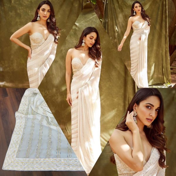 Heavy Georgette Trending Embroidered Zari   Sequins Work Saree Inspired By Kiara Advani Bollywood Fancy Sarees Wholesale