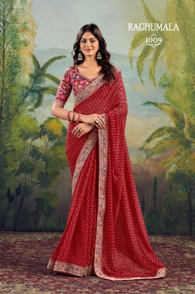 Heavy Georgette with Fancy Embroidery Lace Bandhani Print Saree For Festivals At Royal Export Embroidery Sarees Wholesale