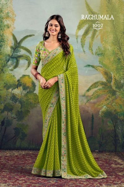 Heavy Georgette with Fancy Embroidery Lace Bandhani Print Saree For Festivals At Royal Export Embroidery Sarees Wholesale