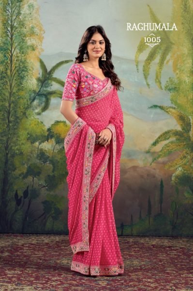 Heavy Georgette with Fancy Embroidery Lace Bandhani Print Saree For Festivals At Royal Export Embroidery Sarees Wholesale