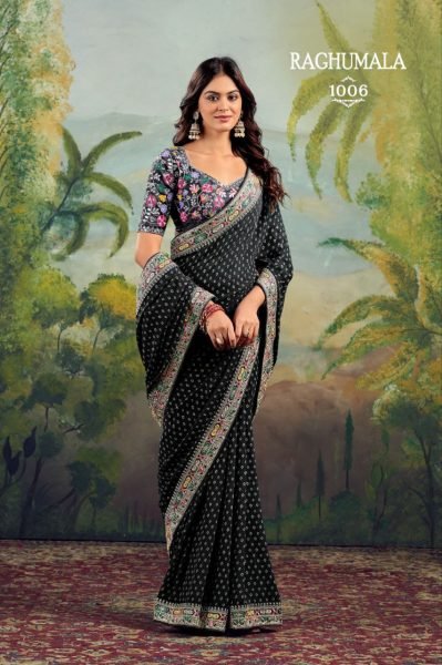 Heavy Georgette with Fancy Embroidery Lace Bandhani Print Saree For Festivals At Royal Export Embroidery Sarees Wholesale