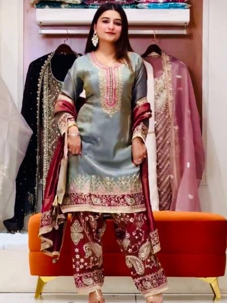 Heavy GMY Silk Embroidered Sequence Work Plazzo Set with Purse 