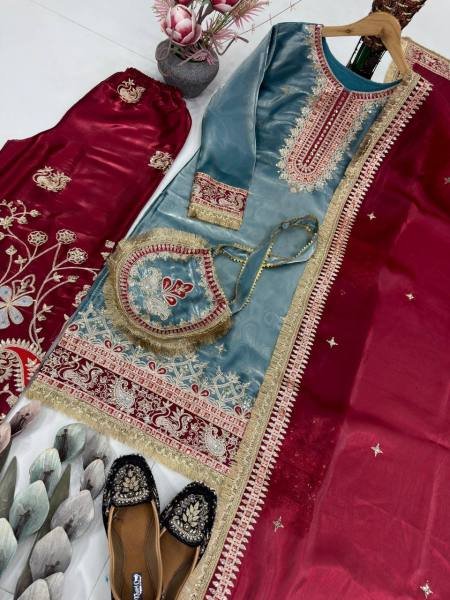 Heavy GMY Silk Embroidered Sequence Work Plazzo Set with Purse Ready To Wear Collection