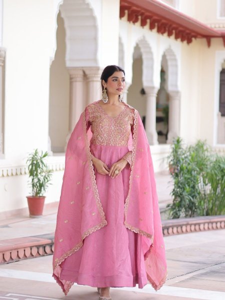 Heavy Gold Crush Fabric Designer Gown with Zari Embroidery Dupatta  For Ethnic Party Wear Wholesale for USA UK Canada Ready To Wear Suit