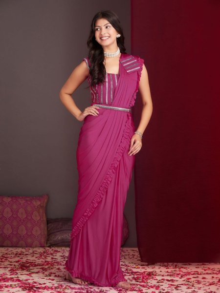 Heavy Look Pink Frill Lycra Saree Pre Draped Charm for Weddings  & Celebrations