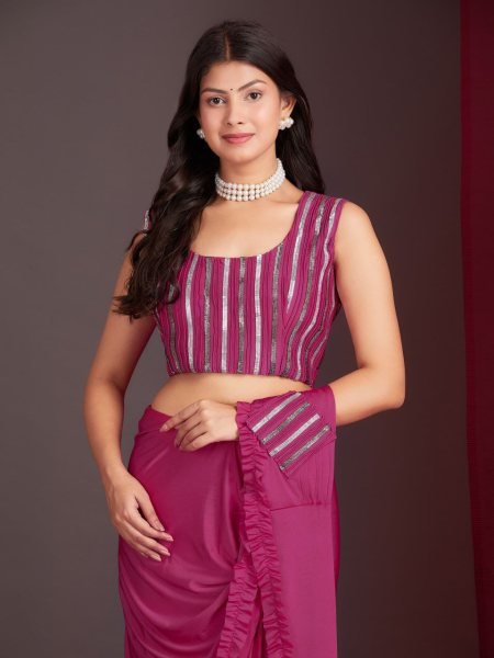 Heavy Look Pink Frill Lycra Saree Pre Draped Charm for Weddings  & Celebrations Ready To Wear Saree 