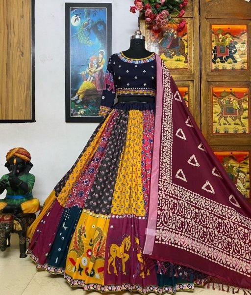 Heavy Muslin Cotton Printed Lehenga Choli With Real Mirror Work  Navratri Lehnega Choli