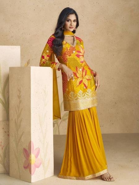 Heavy Mustard Chinon Silk Embroidered Suit with Net Dupatta for Festive Wear Wholesale Printed Salwar Kameez 