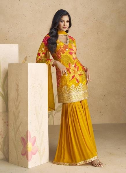 Heavy Mustard Chinon Silk Embroidered Suit with Net Dupatta for Festive Wear Designer Plazzo Salwar Suits Wholesale