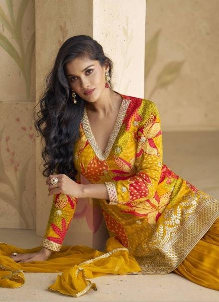 Heavy Mustard Chinon Silk Embroidered Suit with Net Dupatta for Festive Wear Designer Plazzo Salwar Suits Wholesale