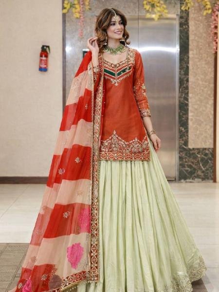 Heavy Orange Color Fandy Silk Top Lehenga Set with Val Moti Lace Work and Round Neck Design 