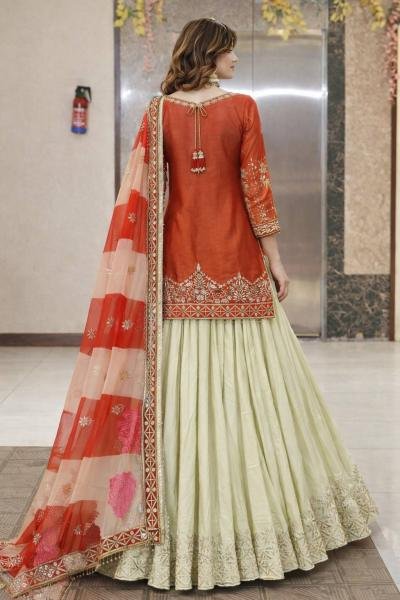 Heavy Orange Color Fandy Silk Top Lehenga Set with Val Moti Lace Work and Round Neck Design Ready To Wear Collection