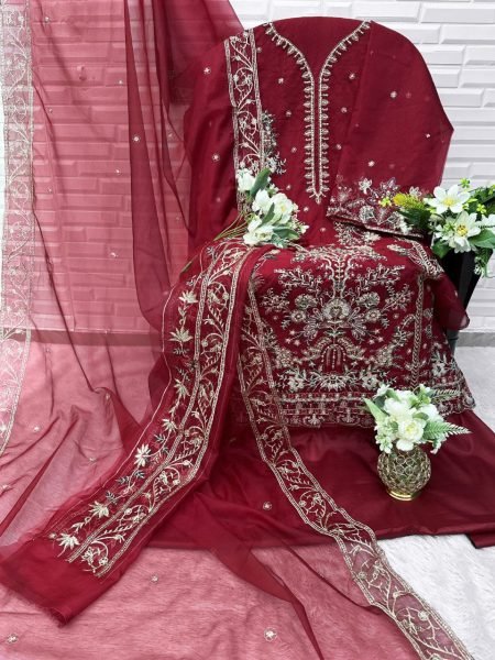 Heavy Organza Pakistani Suit with Zari Embroidery and Santoon Bottom at Wholesale Rates Pakistani Suits Wholesale