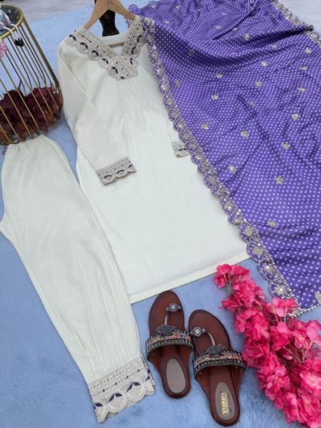 Heavy Pure Dal Satin With Embroidery Kurti Pant With Dupatta  3 Piece Kurti Set