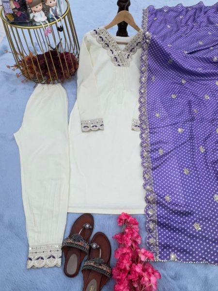 Heavy Pure Dal Satin With Embroidery Kurti Pant With Dupatta  3 Piece Kurti Set