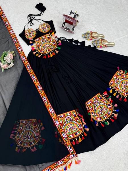 Heavy Rayon Black Color Fully Stitched Lehenga Choli with Real Mirror   Gamthi Work At Manufacturer Rate Navratri Lehnega Choli