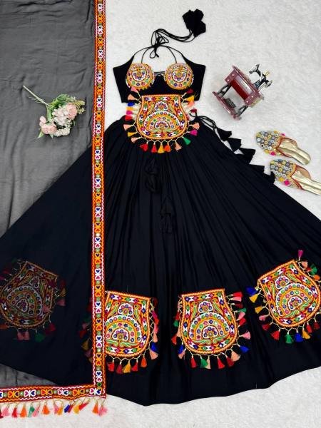 Heavy Rayon Black Color Fully Stitched Lehenga Choli with Real Mirror   Gamthi Work At Manufacturer Rate Navratri Lehnega Choli