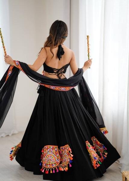Heavy Rayon Black Color Fully Stitched Lehenga Choli with Real Mirror   Gamthi Work At Manufacturer Rate Navratri Lehnega Choli