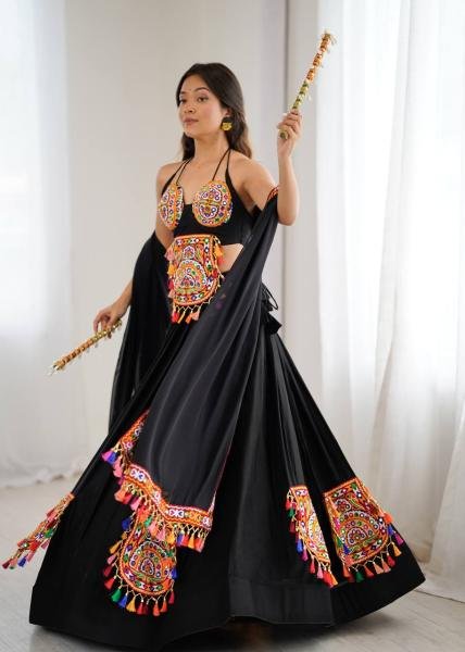 Heavy Rayon Black Color Fully Stitched Lehenga Choli with Real Mirror   Gamthi Work At Manufacturer Rate Navratri Lehnega Choli
