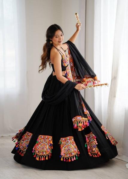 Heavy Rayon Black Color Fully Stitched Lehenga Choli with Real Mirror   Gamthi Work At Manufacturer Rate Navratri Lehnega Choli