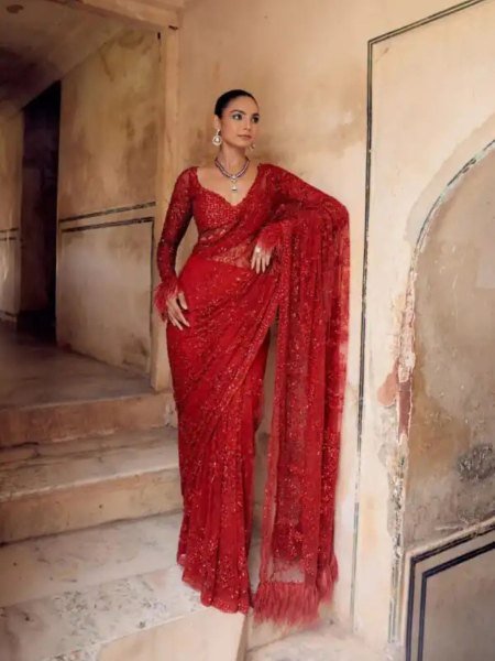 Heavy Red Mono Net Saree with 5MM Sequins Embroidery for Party Wear Bollywood Fancy Sarees Wholesale