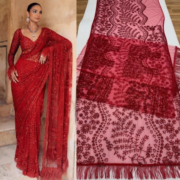 Heavy Red Mono Net Saree with 5MM Sequins Embroidery for Party Wear Bollywood Fancy Sarees Wholesale