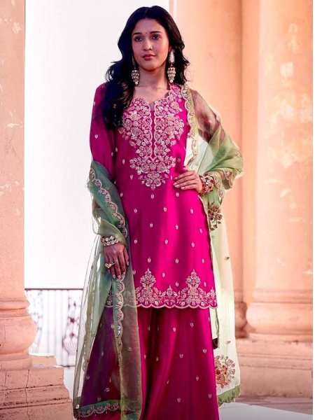 Heavy Roman Silk Embroidery Suit with Palazzo and Butterfly Net Dupatta Party Perfect 