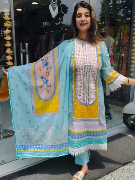Heavy Sky Blue Muslin Cotton Kurti Set with Digital Print and Real Mirror Work  Ready To Wear Suit